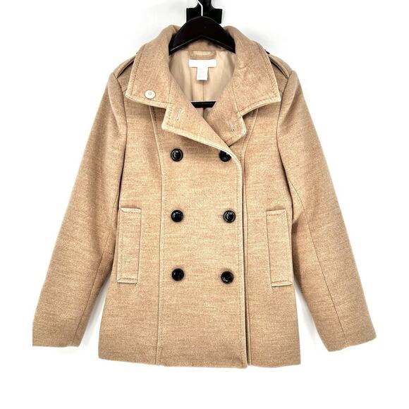 H&M Sz 6 Faux Wool Pea Coat Women’s Lined, Doubled Breasted Beige Career Preppy - Picture 1 of 11
